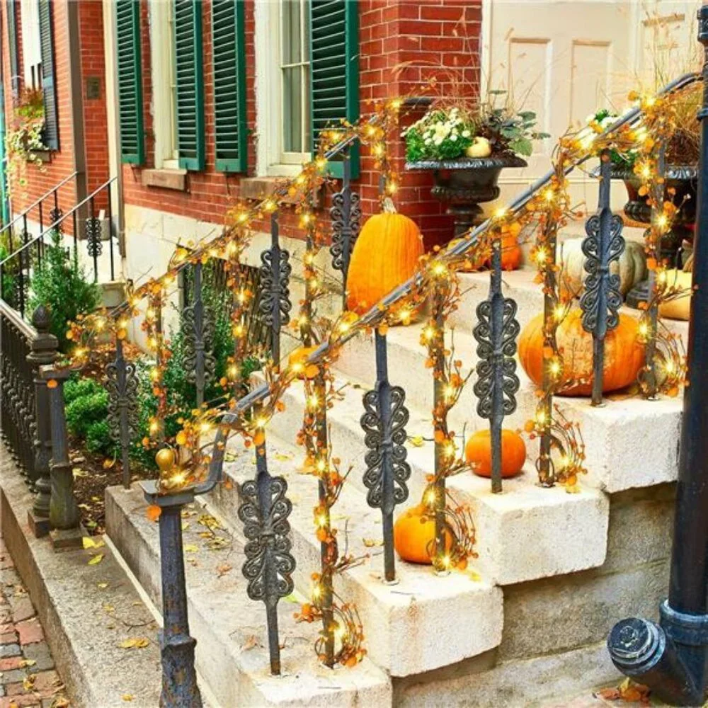 59 Inches Fall Garland with Lights Artificial Autumn Garland with Pumpkin